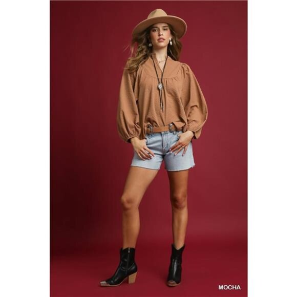 Umgee Textured Notched Blouse with Balloon Sleeves - Picture 5 of 5